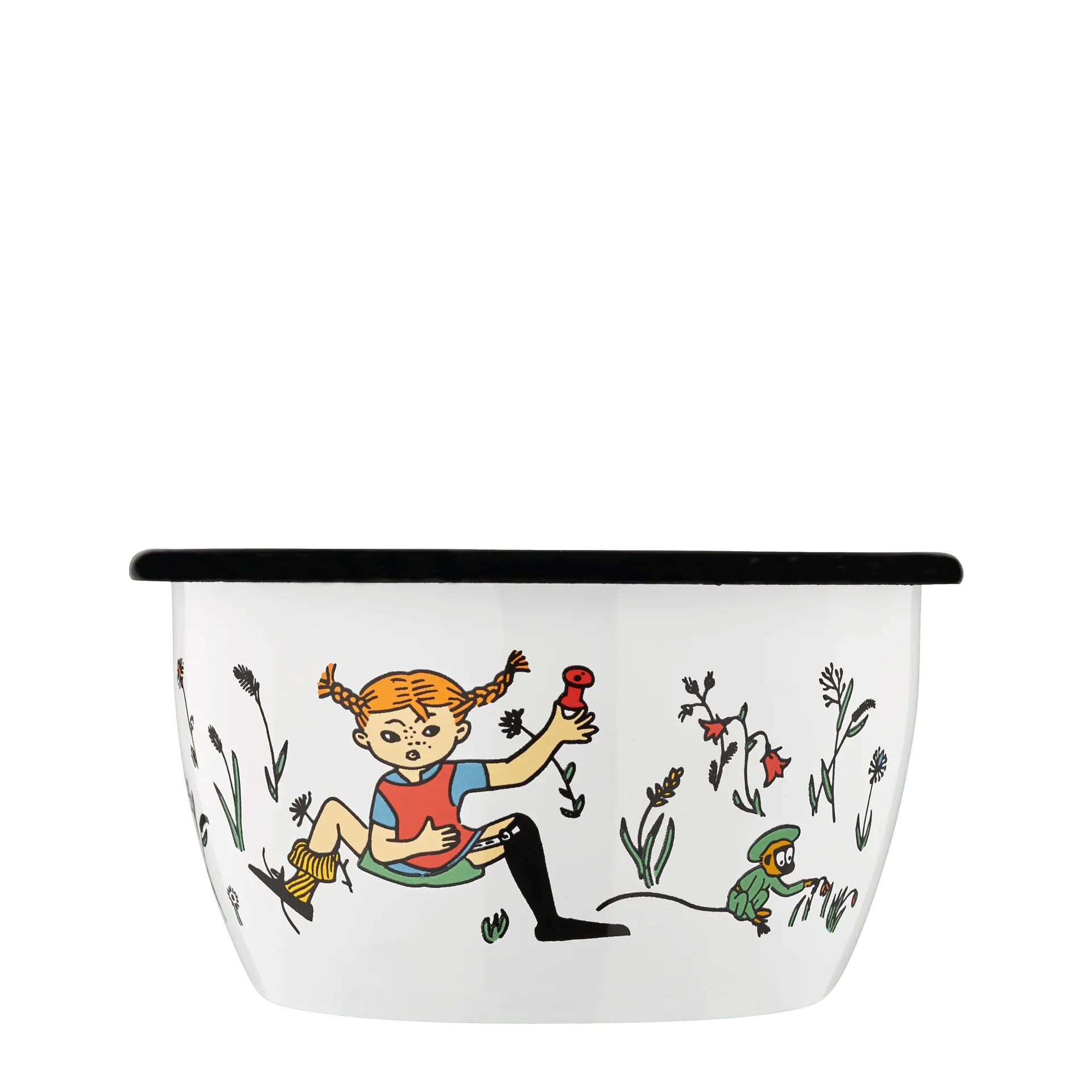 Pippi Langstrømpe emaljeskål 3 dl med farverig illustration af Pippi og Mr Nilsson, perfekt til daglig brug