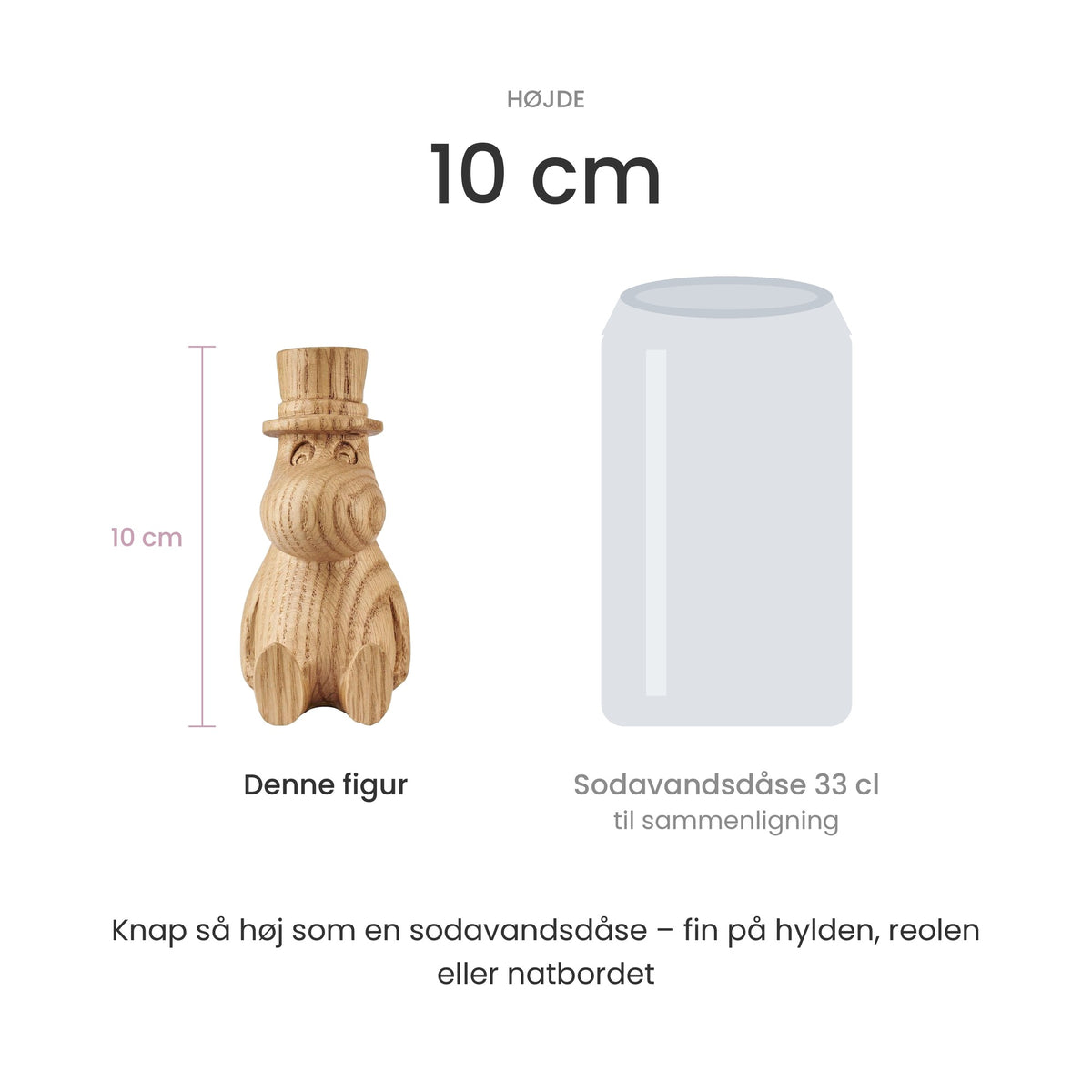 Størrelse: træfigur Mumifar, 10 cm høj, sammenlignet med en sodavandsdåse på 33 cl