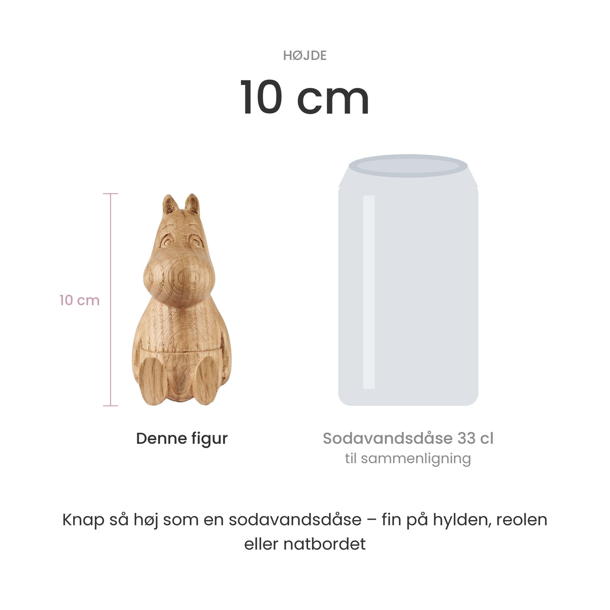 Størrelse: træfigur Mumimor, 10 cm høj, sammenlignet med en sodavandsdåse på 33 cl