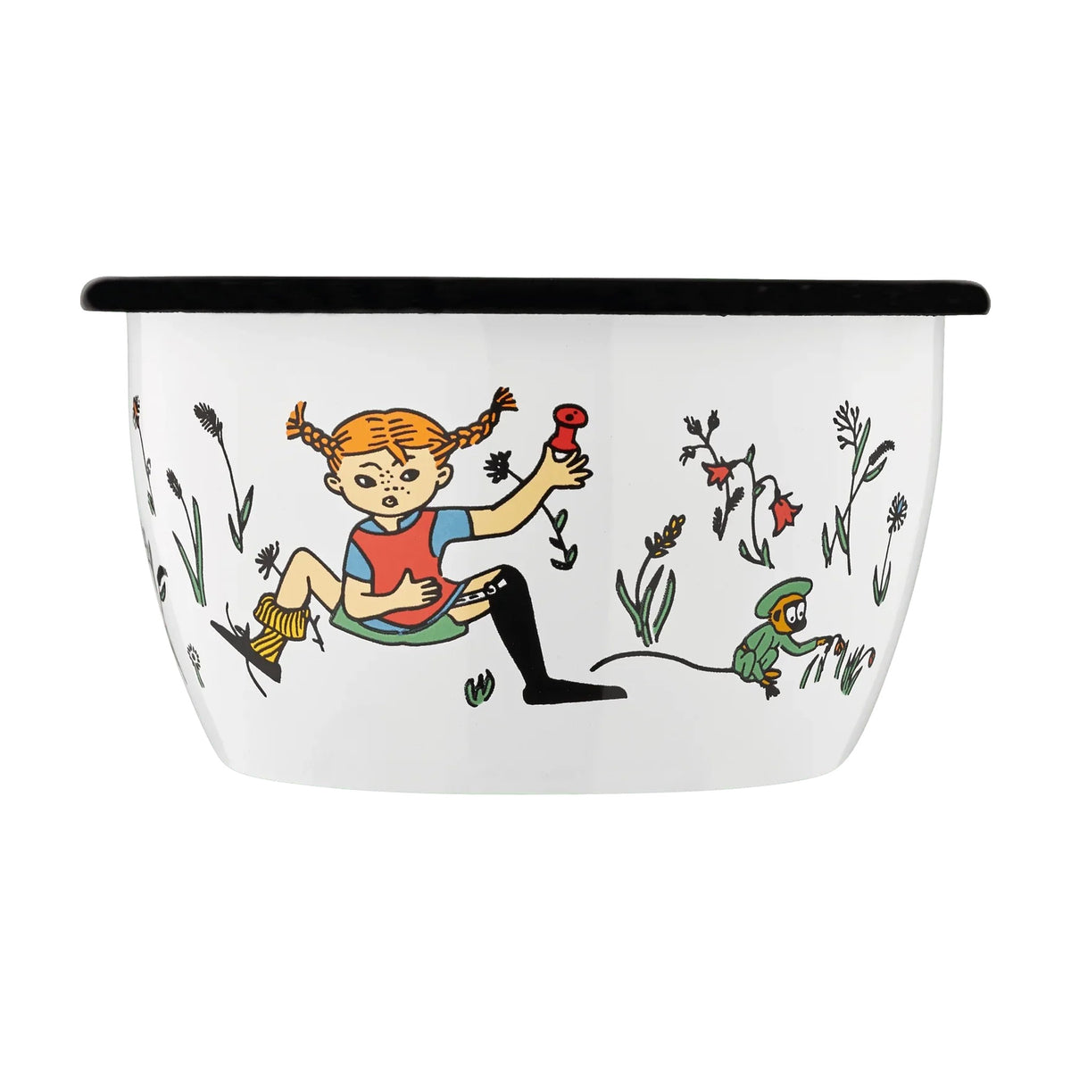 Pippi Langstrømpe emaljeskål 3 dl med farverig illustration af Pippi og Mr Nilsson, perfekt til daglig brug