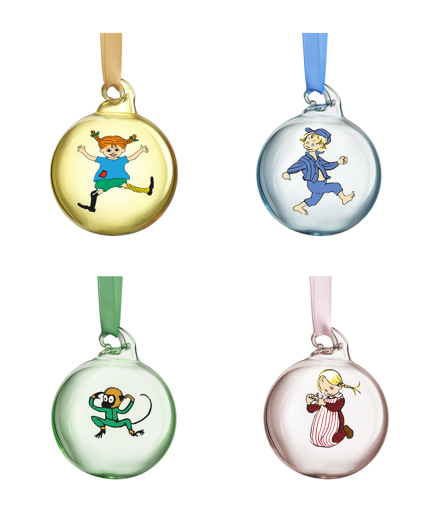 Pippi Longstocking &amp; Emil from Lønneberg Christmas Baubles Ø5cm set of 4