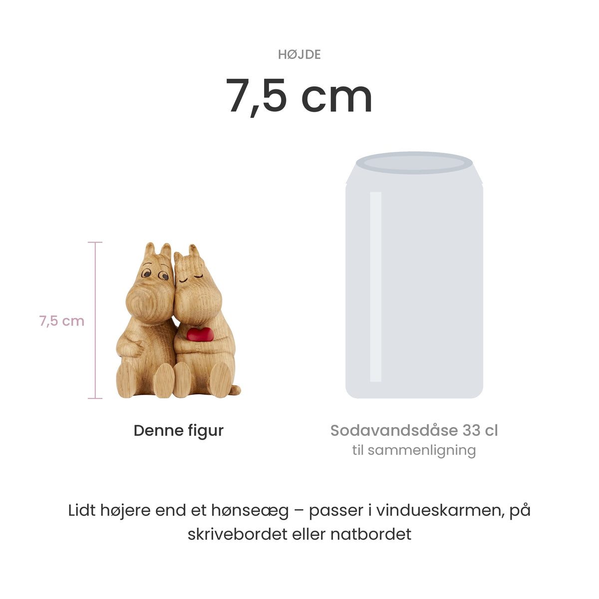 Størrelse: træfigur HUG mini S, 7,5 cm høj, sammenlignet med en sodavandsdåse på 33 cl