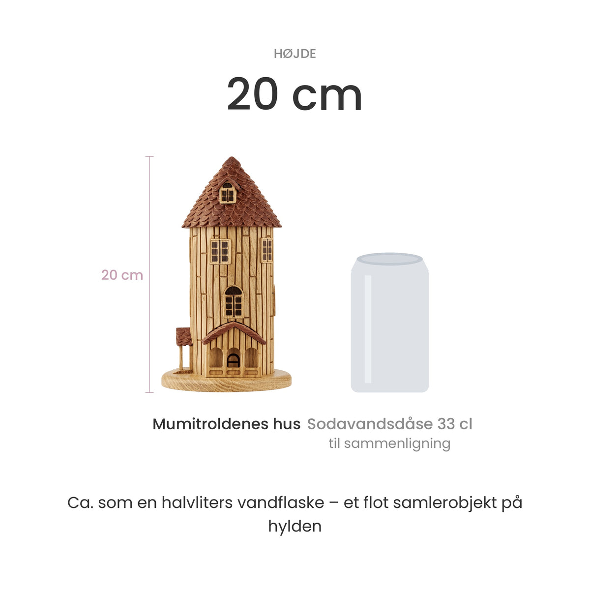 Størrelse: træfigur Mumitroldenes hus, 20 cm høj, sammenlignet med en sodavandsdåse på 33 cl