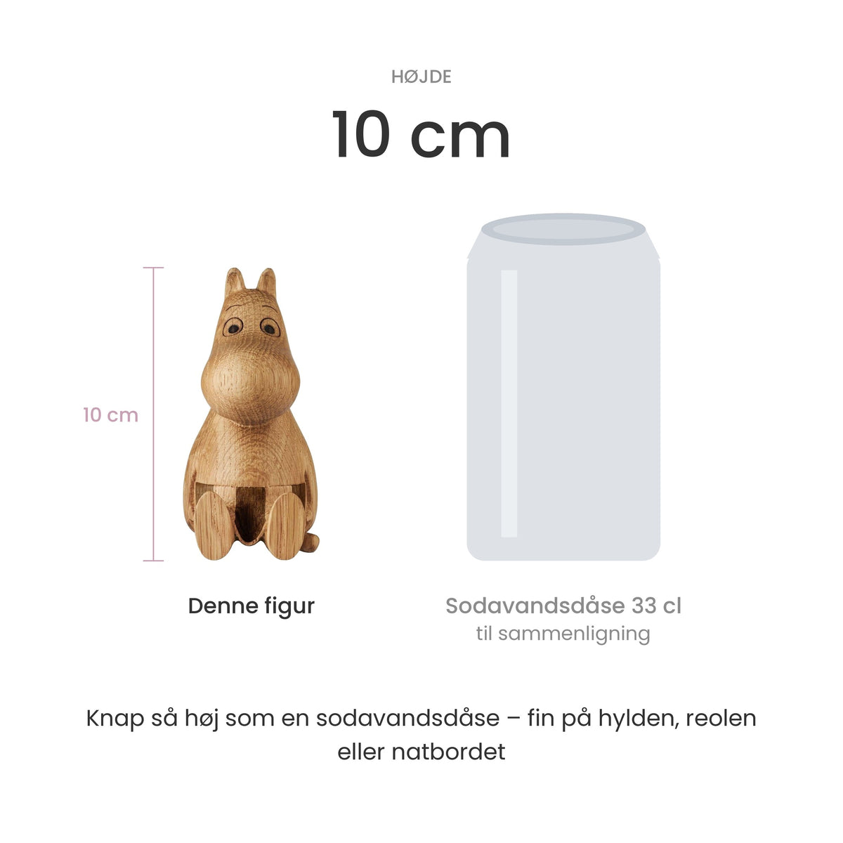 Størrelse: træfigur Mumimor, 10 cm høj, sammenlignet med en sodavandsdåse på 33 cl