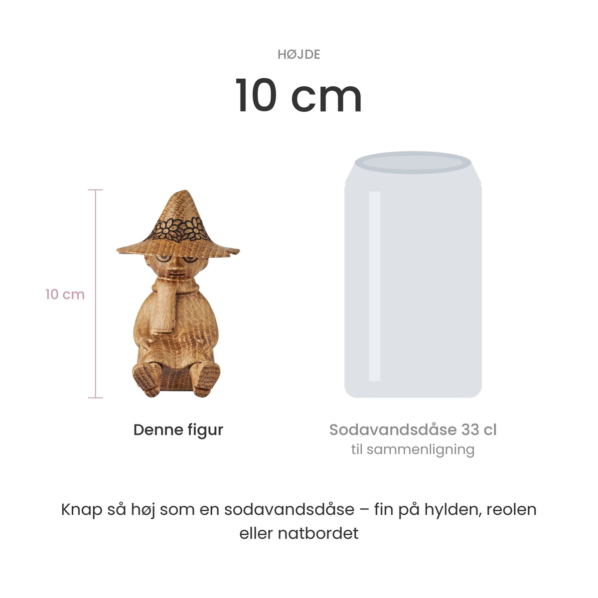 Størrelse: træfigur Mumrikken, 10 cm høj, sammenlignet med en sodavandsdåse på 33 cl